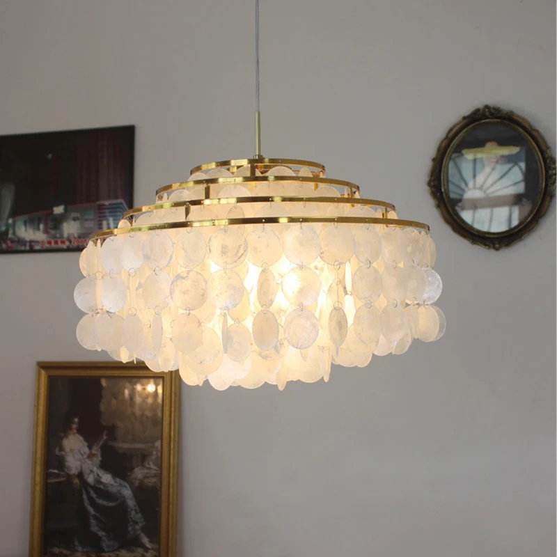 

American Countryside Style Chandelier for Living Room Bedroom Shell Pendant Round Hanging Lamp Indoor Decor Lighting Fixture