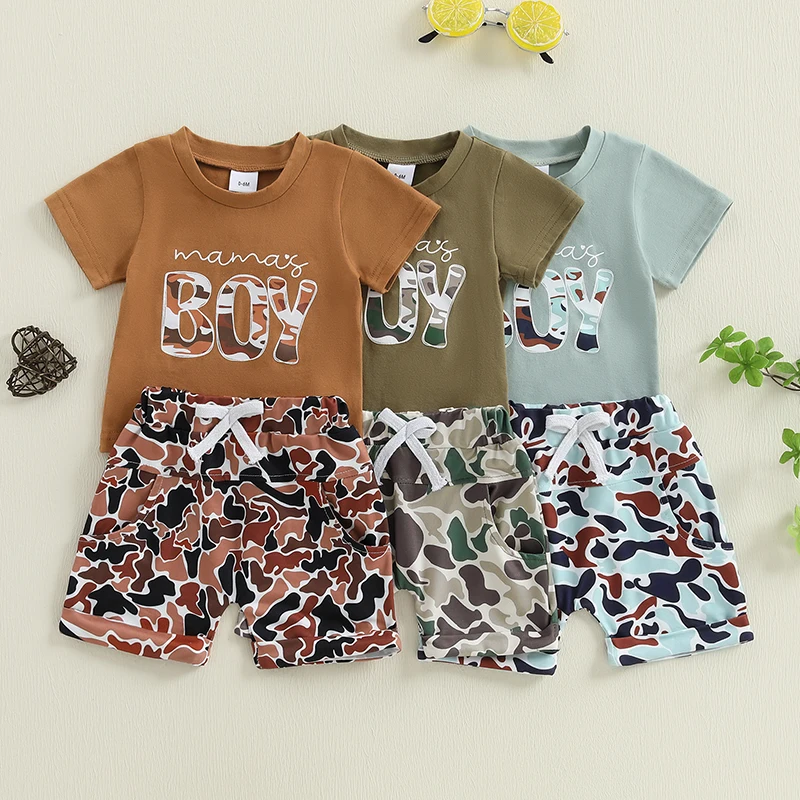 -01-13 Lioraitiin Toddler Boys Summer Shorts Sets Short Sleeve O Neck Letter Print Tops and Camouflage Shorts Sets