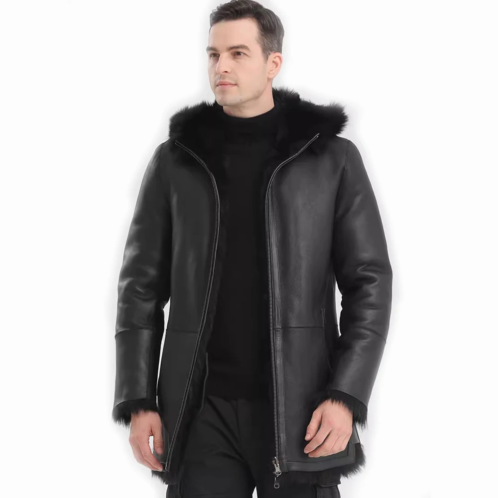 

LUHAYESA Tuscany Sheepskin Fur Shearling Clothing Men Hooded Black Real Fur Overcoat Medium Long Fur Jacket