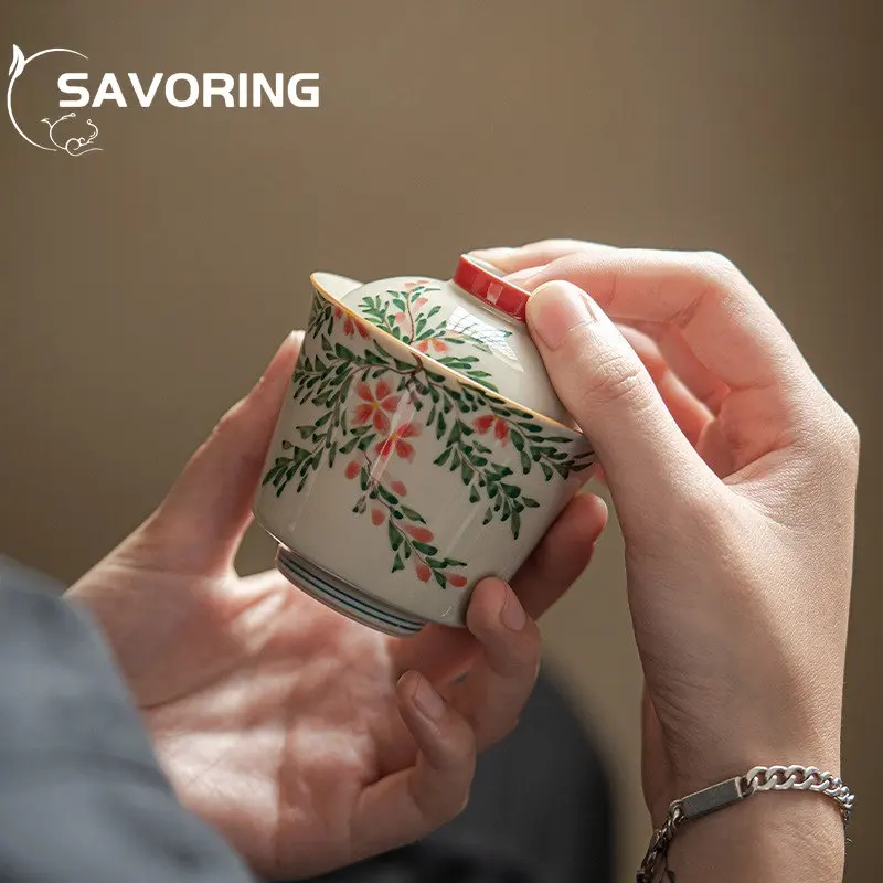 120/130ml hand-painted Lingxiao flower Tea Tureen underglaze color ceramic kung fu tea set bubble Gaiwan household literati cups