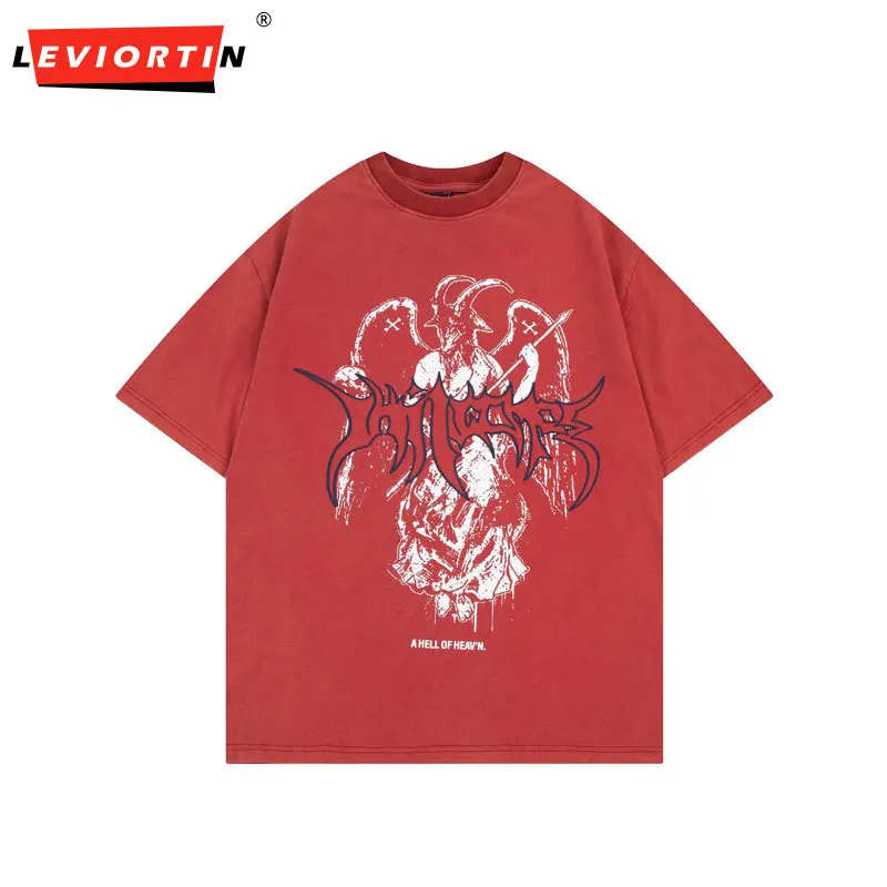 

Men Punk T Shirt Vintage Devil Goat Head Demon Graphic Print Gothic Washed Tshirt 2023 Hip Hop Harajuku Fashion Summer Tee Top