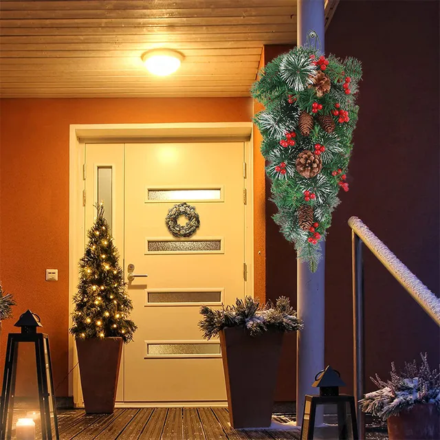 Karácsonyi Mesterséges Szajré Könnycsepp Koszorú Bejárati Ajtó Bogyóval És Fenyő Kúpokkal Otthoni Dekorációhoz - Image 2