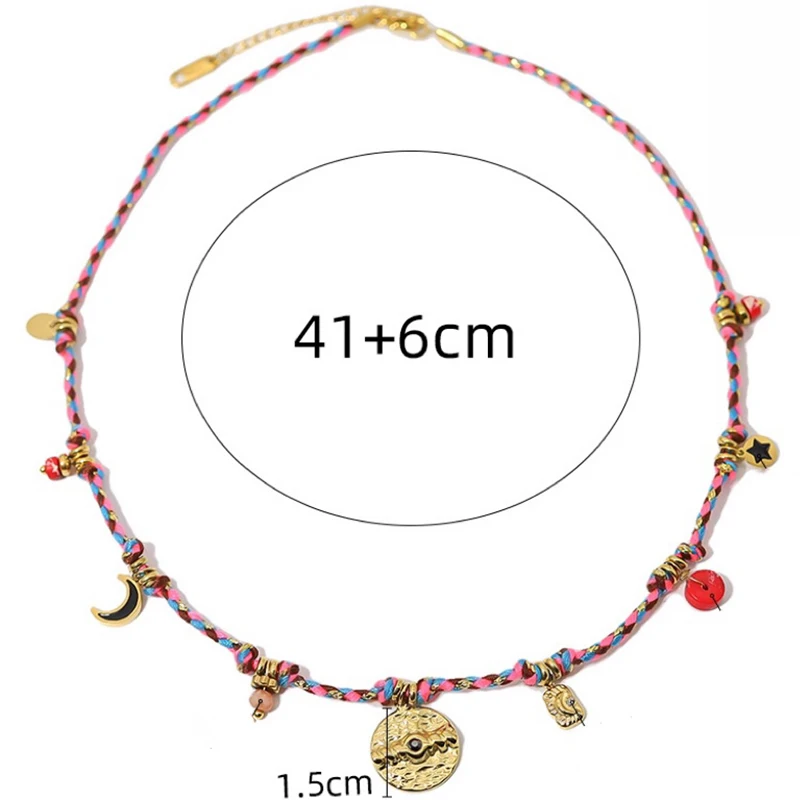 PRISCA | Böhmische Halskette für Damen.Edelstahl.Mond-Stern-Anhänger. Naturstein.Retro Charms Schmuck.1Stk. Trendy 2024 – Detail 1