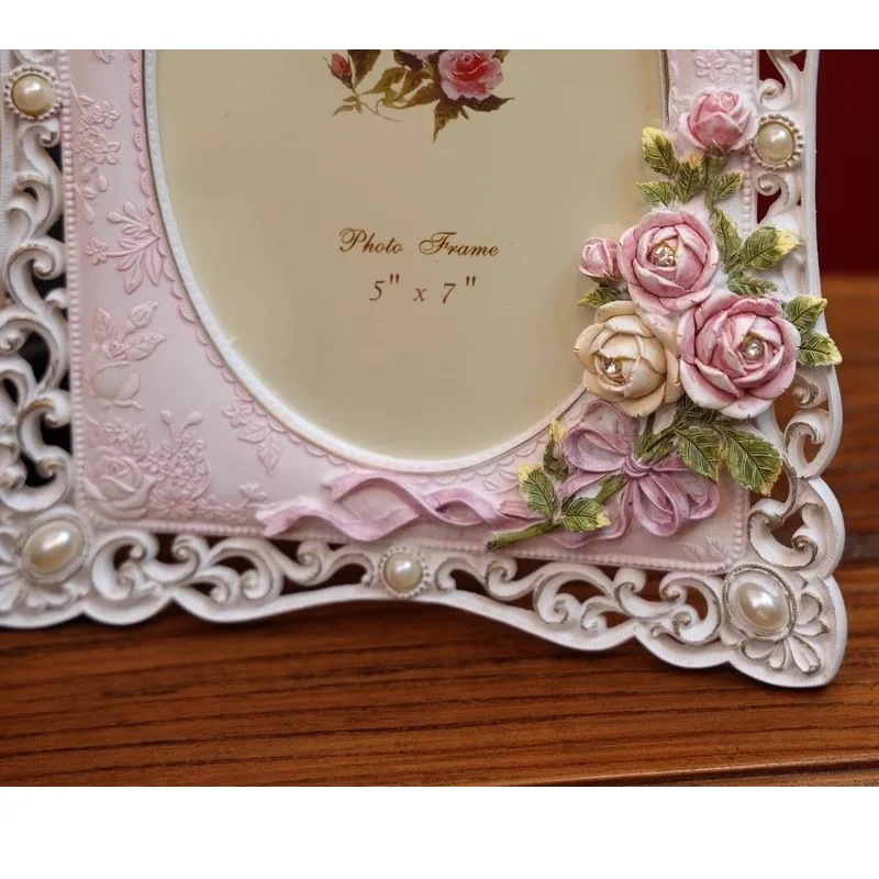 Pink Rose Imitation Pearl Series Warm Resin Picture Frame,Home Desktop Photo Frame