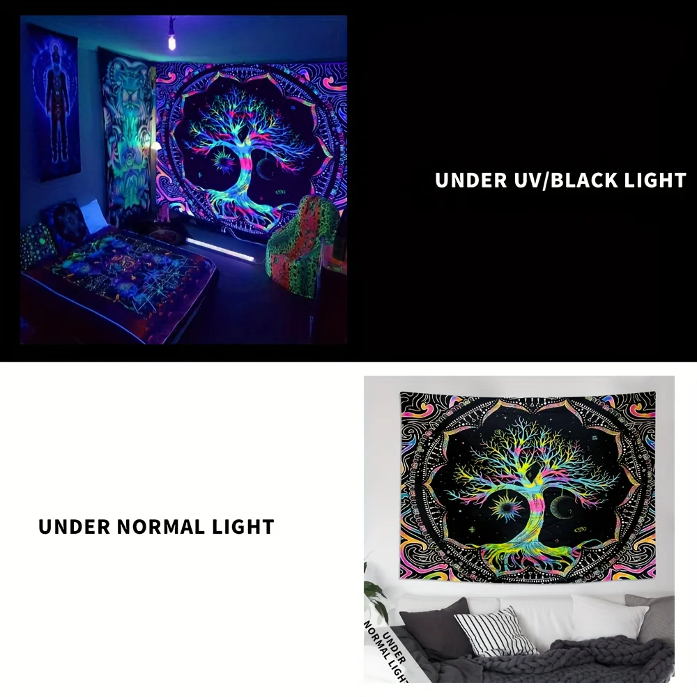Description Picture 3 of item1Pcs 75x58cm Tree of Life Tapestry BlackLight Sun Moon Stars Galaxy Colorful Hippie Psychedelic Bedroom Dorm Decor Aesthetic