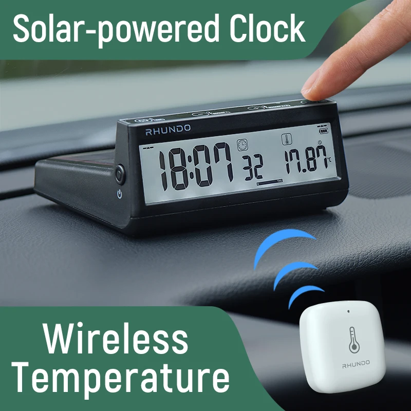 RHUNDO Solar Car Clock Wireless Temperature With Backlight LCD Screen Dashboard Time Date Indoor Outdoor Temp Display  RCW-S10