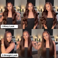 Extensions de cheveux humains bruts 100% naturels, ondulés, couleur marron chocolat, 28 pouces, avec closure 4x4 et 13x4, raie au milieu, en dentelle 6