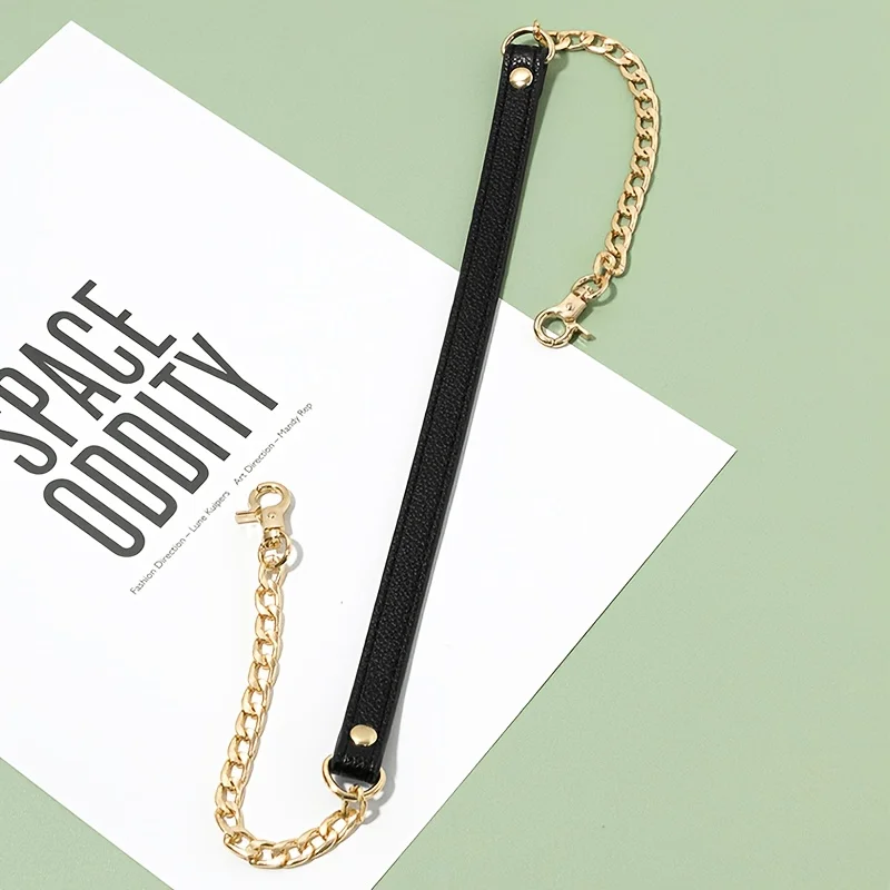 Elegant Gold Metal Chain with Black Leather Strap - Versatile Accessory with Square Safety Buckle for Handbags, Shoulder Bags, and Wallets