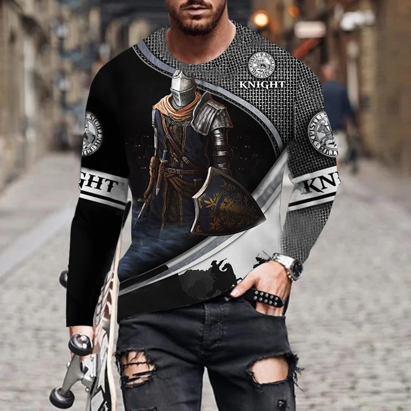 Vintage Printed Samurai Long Sleeve T-shirt Templar 3d Pattern European And American Style Men's Spring Imitation Cotton Shirt