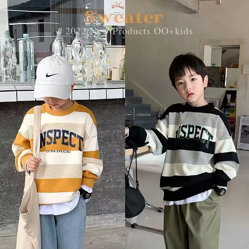 

Boy's Hoody Autumn 2022 New Korean Style Baby Striped Top Children's Spring and Autumn Clothing Long Sleeve Bottoming Shirt