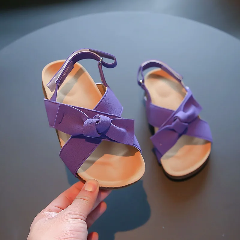 Summer Solid Bow Girls Sandals PU Leather Hook Loop Children Cork Sandals Fashion Soft Sole Flat Kids Beach Shoes