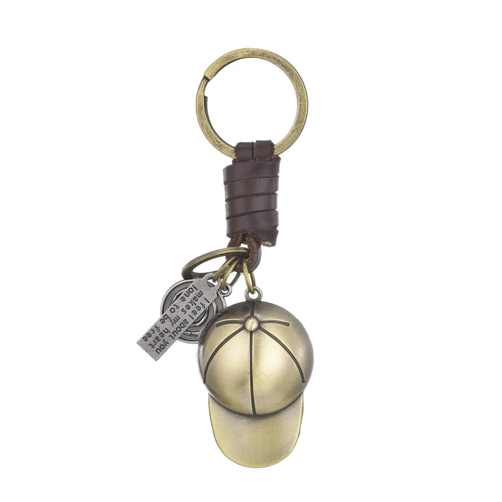 

Vintage Baseball cap cowhide key chain creative gift hand woven car key chain pendant