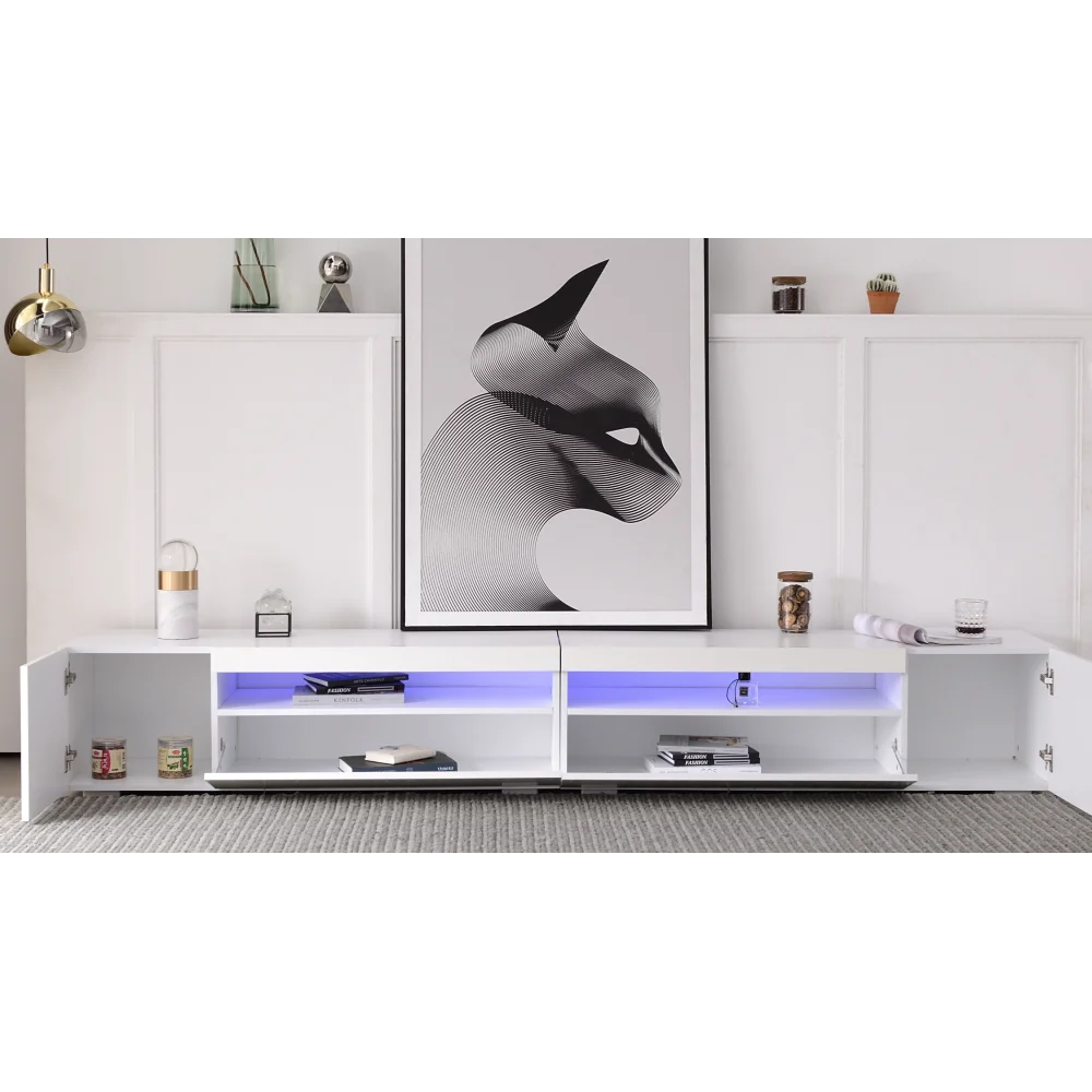 PINGGO 240CM Weißer Moderner TV-Schrank mit Hellem Panel und Variabler LED-Beleuchtung für Wohn- und Esszimmer Hochglanz-Finish – Detail 5