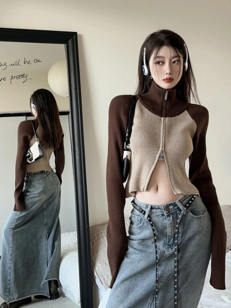 

Deeptown Y2k Kpop Brown Crop Sweater Cardigan Women Harajuku Hippie Patchwork Slim Zipper Knitted Top Korean Style Gyaru Jumper