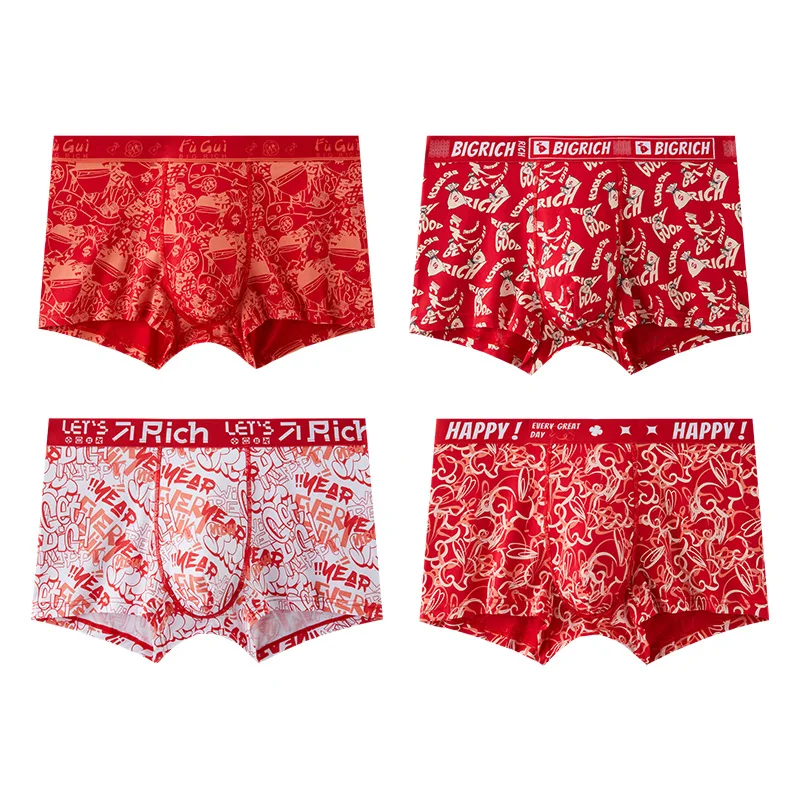 4 red printed men's cotton underwear Plus size men's boxing cotton underwear Men's sports boxing red lucky shorts