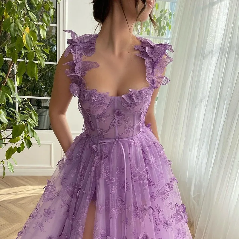 2024 Spring Summer New Women's Clothing Tulle Spaghetti Straps Sleeveless High Slit Dress Lace Up Back