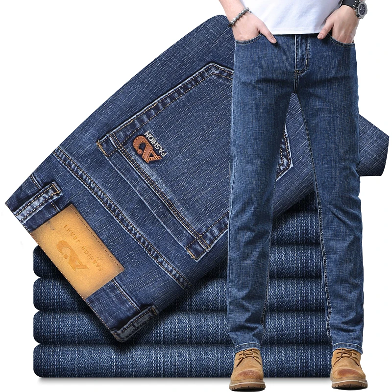 2024SpringSummerNewMensSlimThinJeansRetroLightBlueCotton