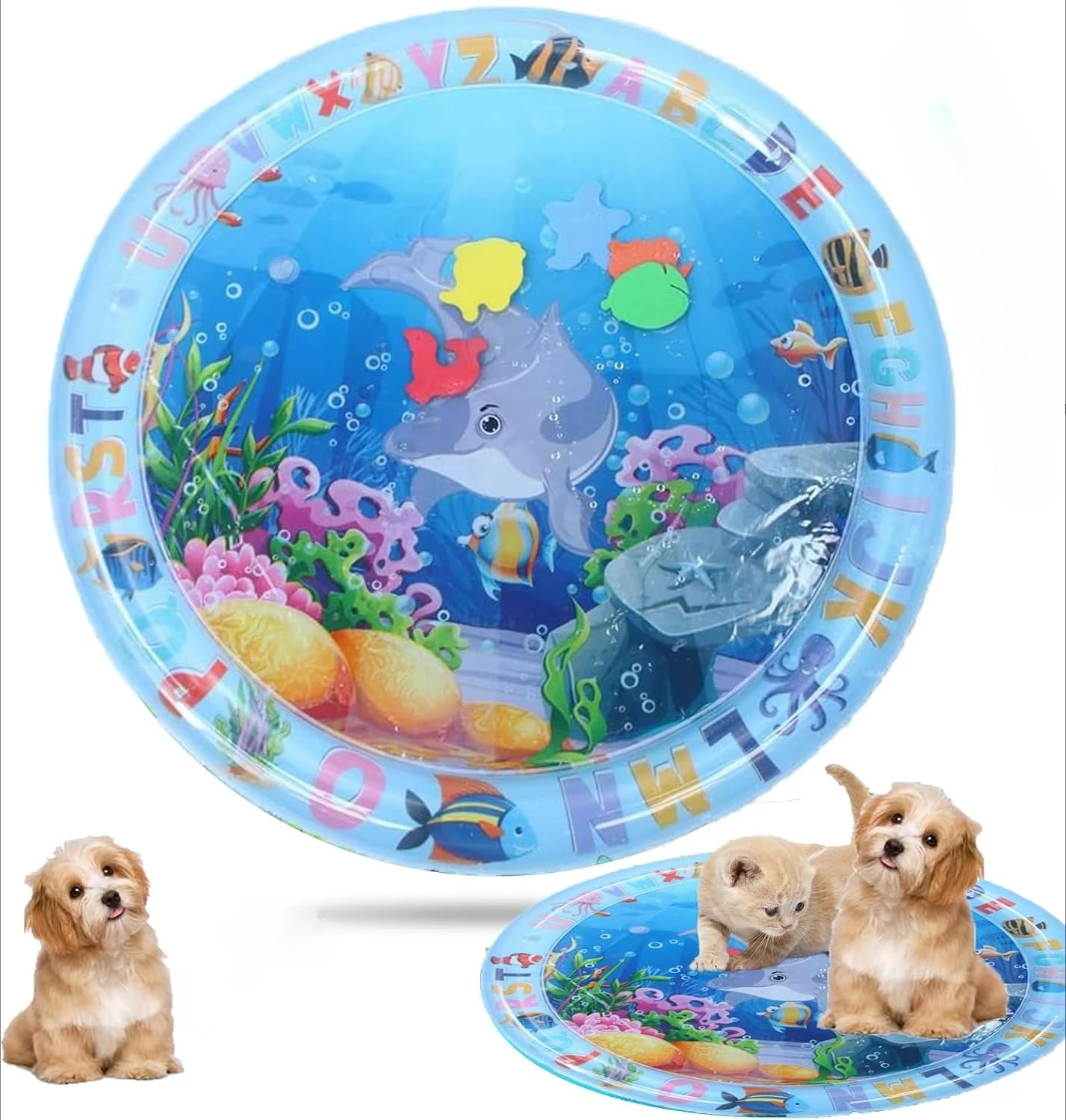 Inflatable Water Play Mat for Pet Sensory Training Cat and Dog Play Pad with Floating Fish Ocean Theme Thickened Leakproof
