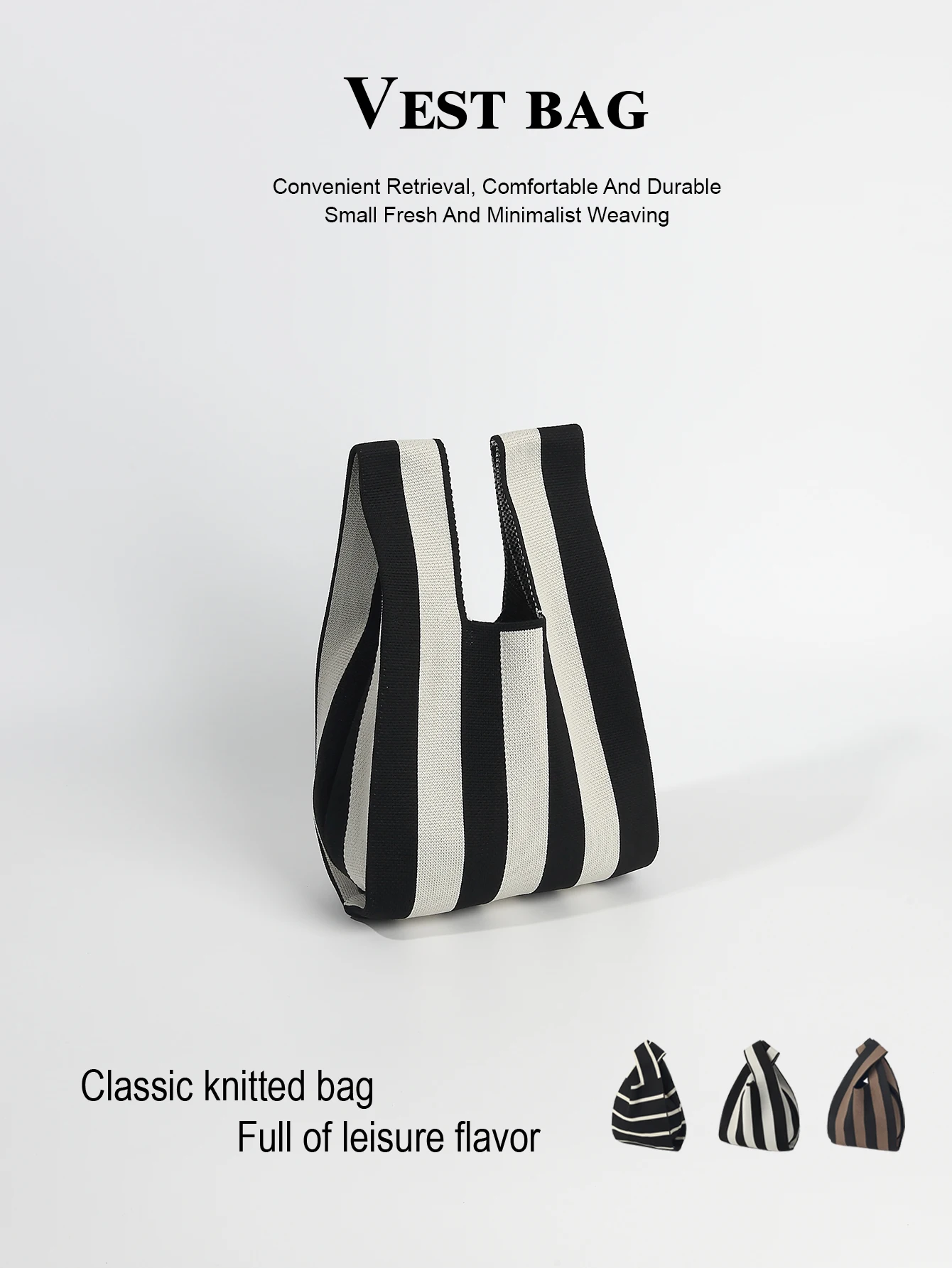 1 piece of striped knitted hollow breathable hook woven lightweight and foldable portable open casual women's handbag, gift stor 4