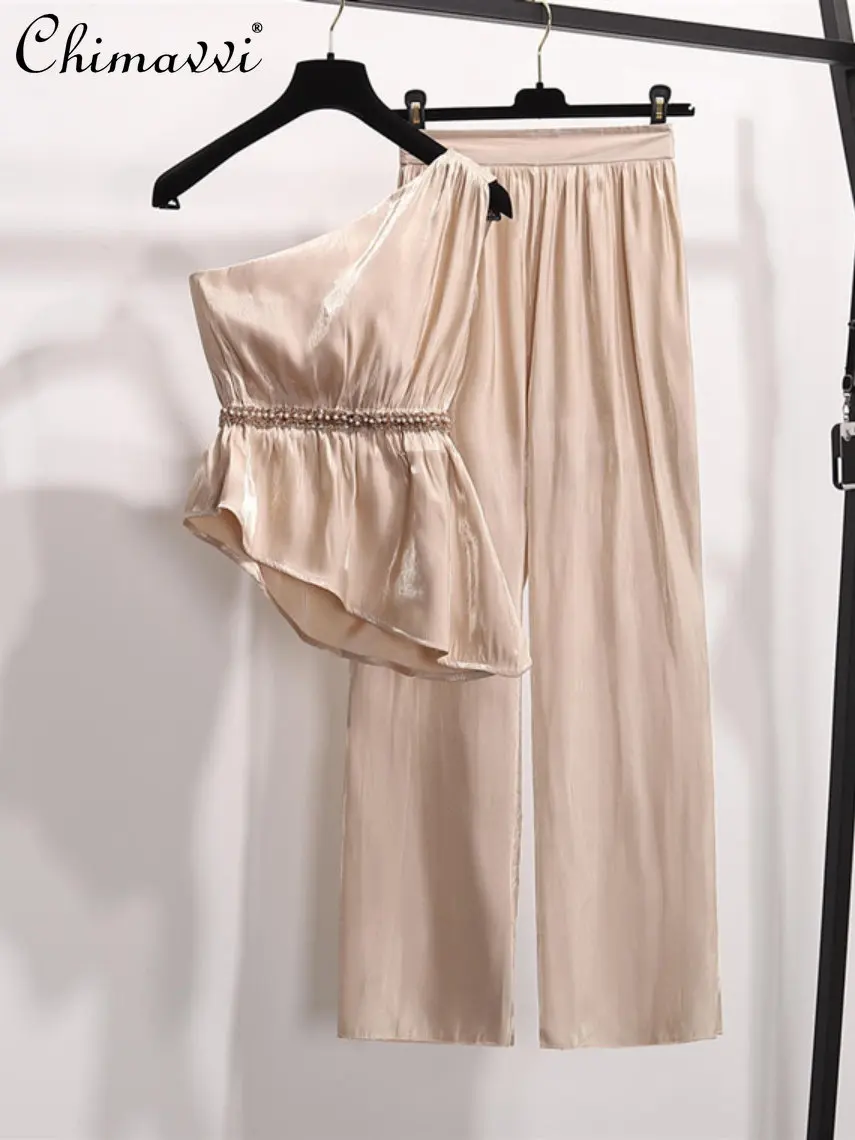 

Summer New Ladies Two-Piece Set Vacation Spring and Summer Off-the-Shoulder Wide-Leg Pants Suit Temperament Sexy Top Trousers