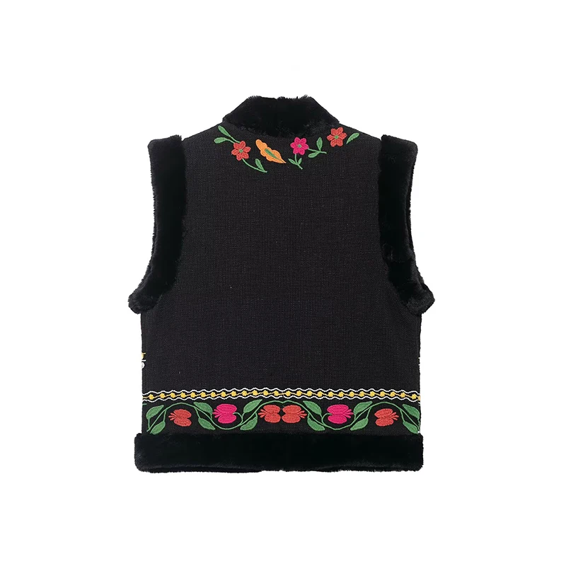 Women Chic Elegant Floral Embroidery Vest Sleeveless Jackets Streetwear Faux Fur Vests Coat Autumn Winter Fashion Waistcoats Top