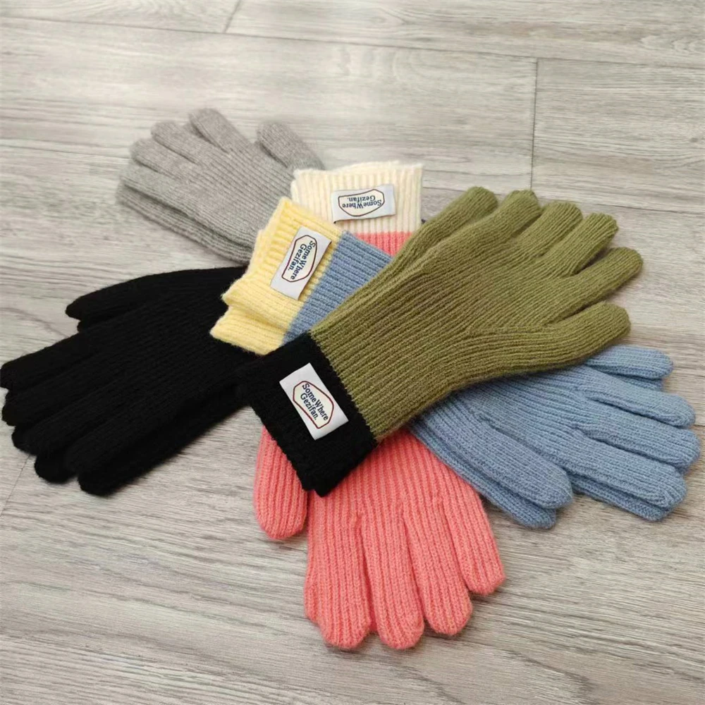 Women's Warm Knitted Gloves Couple's Split Finger Woolen Gloves Outdoor Riding Screen Touch Fluffy Stripe Christmas Gift