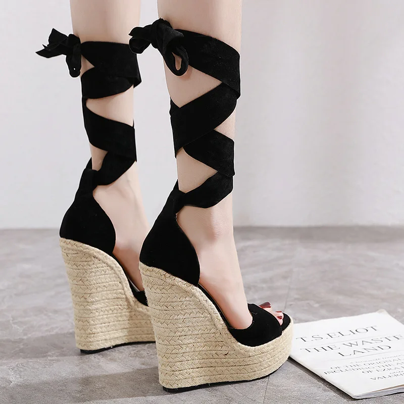 Ladies Sandals Women Shoes Cloth Solid Color Slope Heel Round Shape Thick Bottom Increase Roman Platform