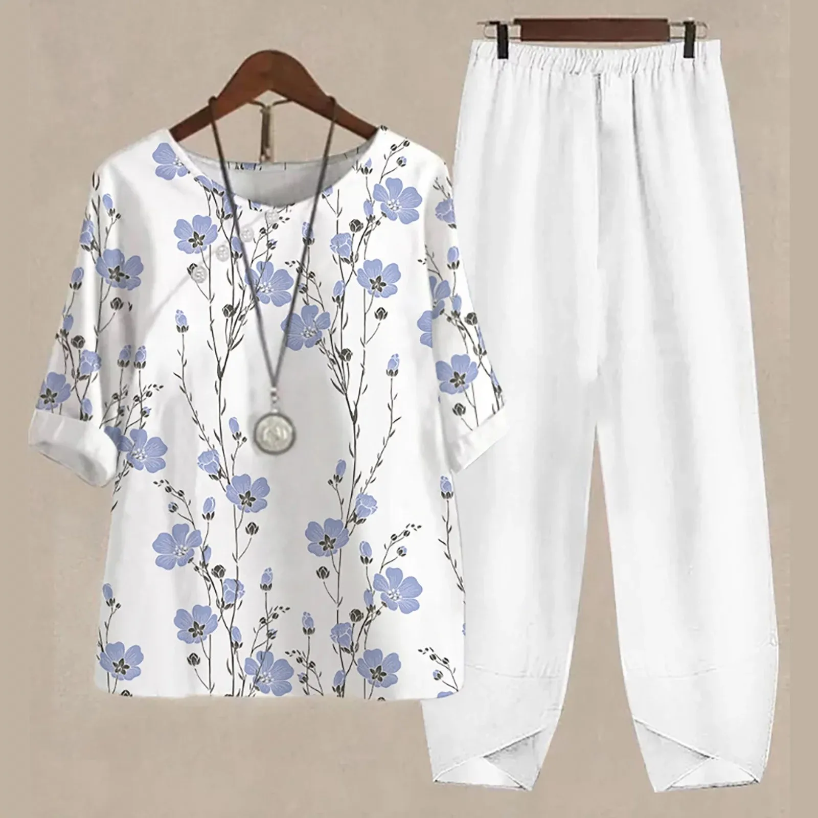 Fall New Floral Print Element Short Sleeve Pants 2-Piece Breathable Traf 2023 Woman Vintage Middle-Aged Button T-Shirt Summer