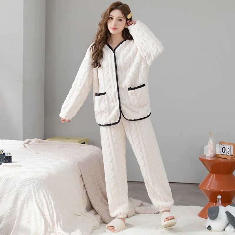 

Winter Women Pajamas Set Turn-down Collar Sleepwear Warm Flannel Pajama Casual Mom Sleepwear Pyjamas Homewear Cloth