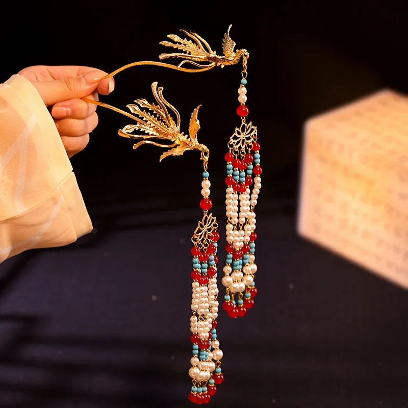 Vintage Phoenix Tassel Step Shaking Hairpin For Women Girl Hair Stick Hair Clip Costume Chinese Hanfu Accessories Pins