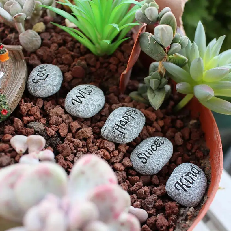 5PCS Bonsai Decorative Rocks Faux Resin Decorative Planter Stones Waterproof Succulent Pebbles Warm Letter Design Garden Decor