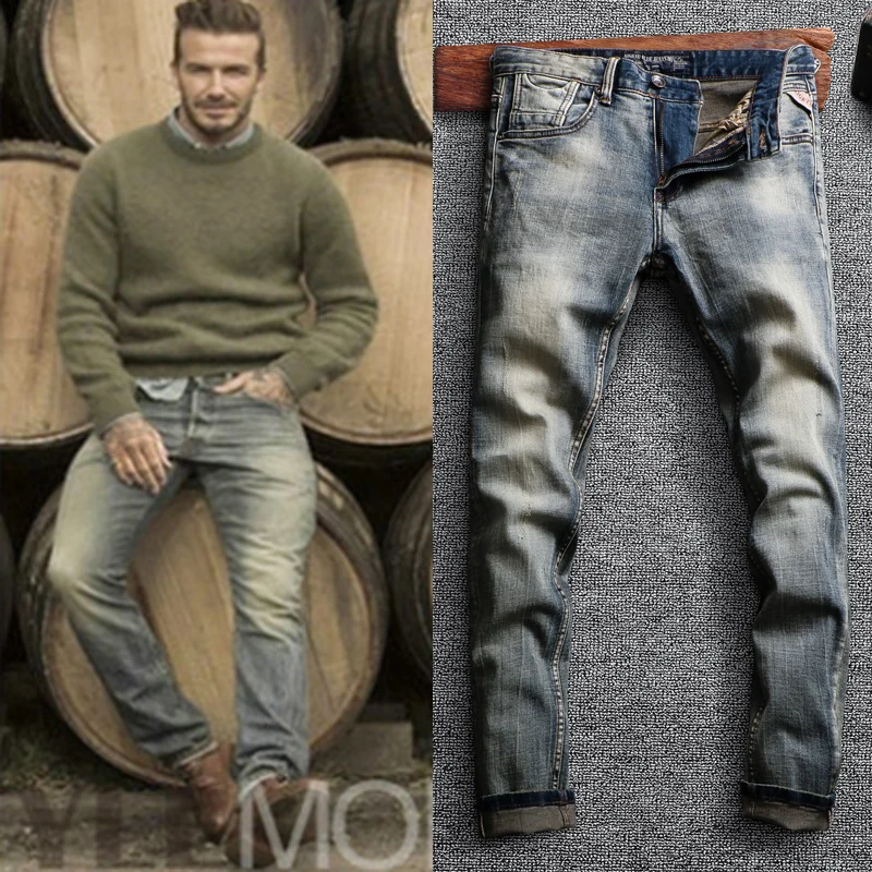 Fashion Streetwear Men Jeans High Quality Retro Washed Blue Stretch Slim Fit Ripped Jeans Men Vintage Designer Denim Pants Homme