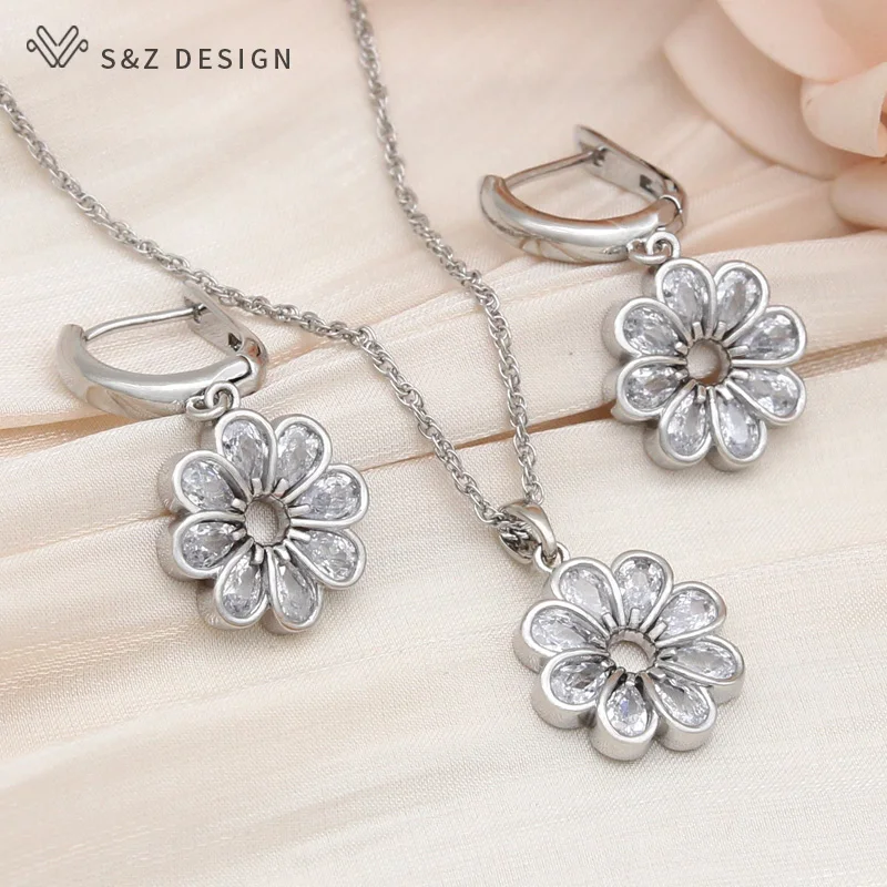 S&Z DESIGN New Fashion Cubic Zirconia Flower Dangle Earrings Jewelry Sets For Women 585 Rose Gold Color Pendant Necklace