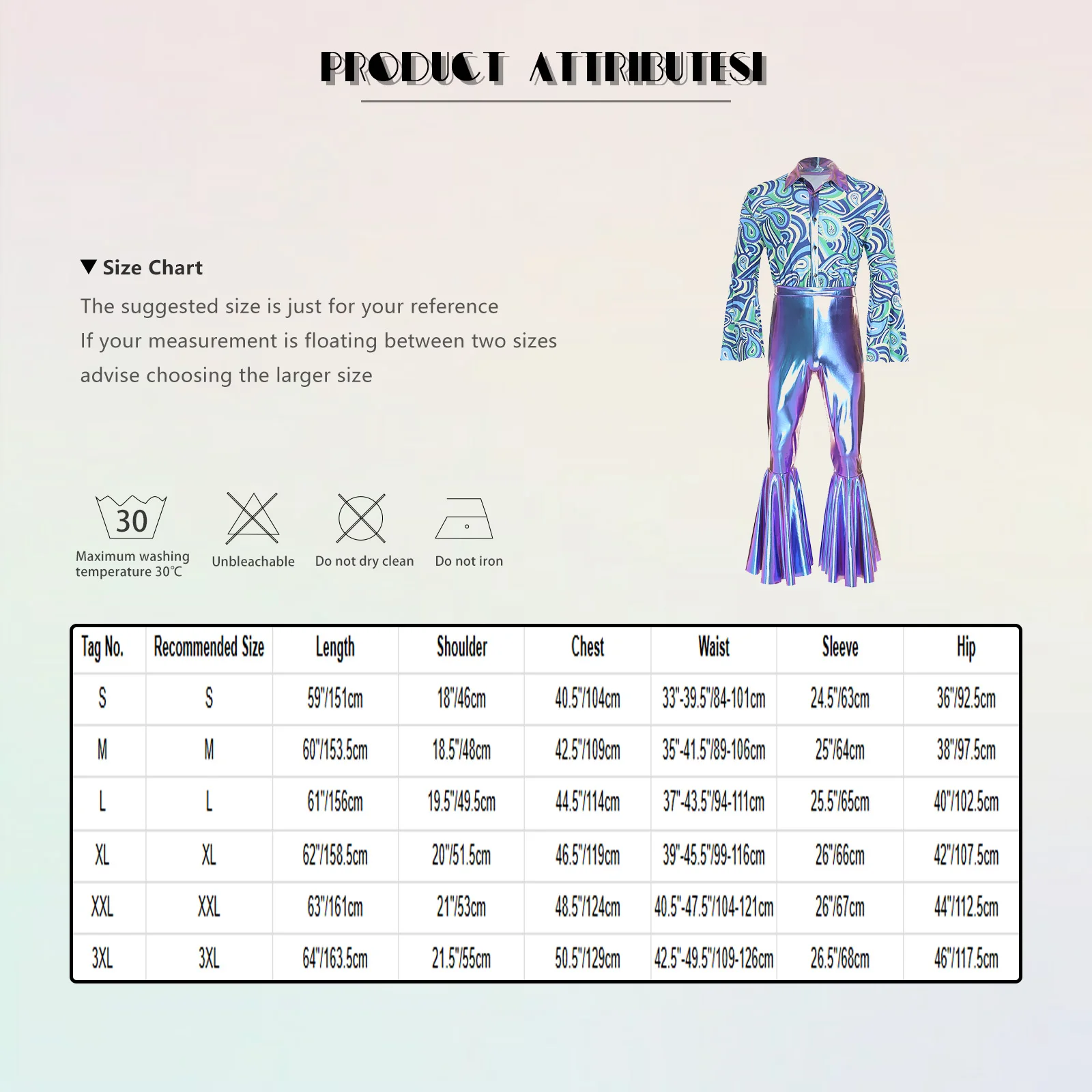 Men Halloween 70-80s Disco Hippie Cosplay Performance Costume Flare Sleeve Printed Metallic Shiny Bell-Bottom Jumpsuit Clubwear - 6