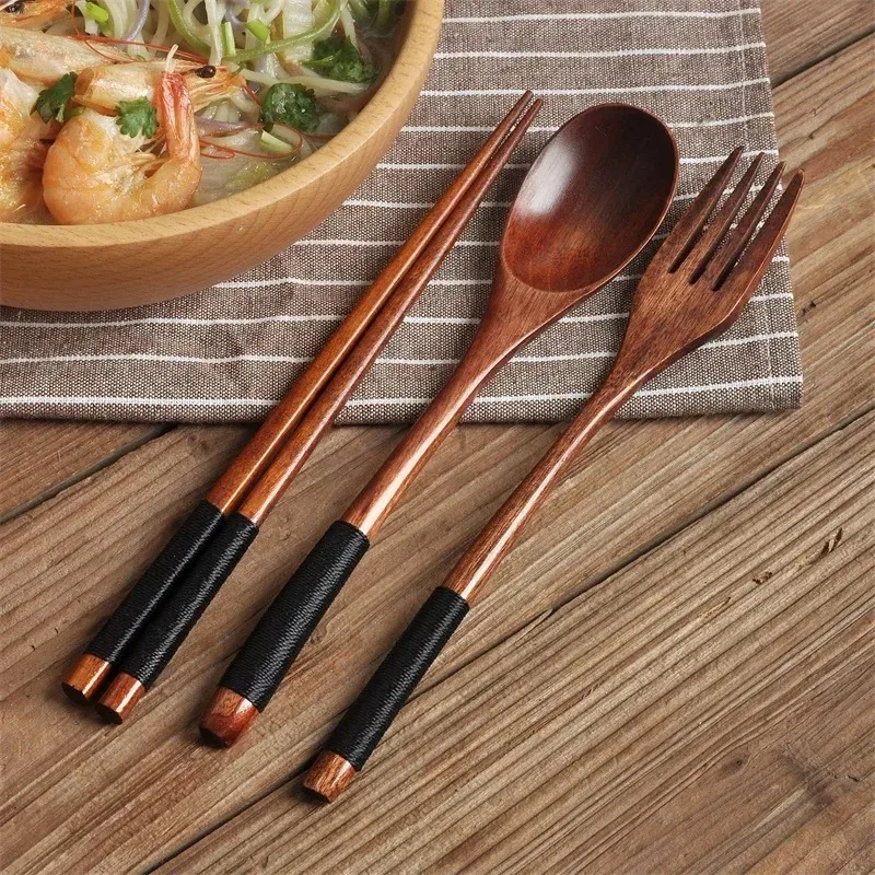 Ensemble de couverts japonais en bois réutilisables, 3 pièces, baguettes à sushi, cuillère, antidérapant, vaisselle de voyage, outils de cuisine