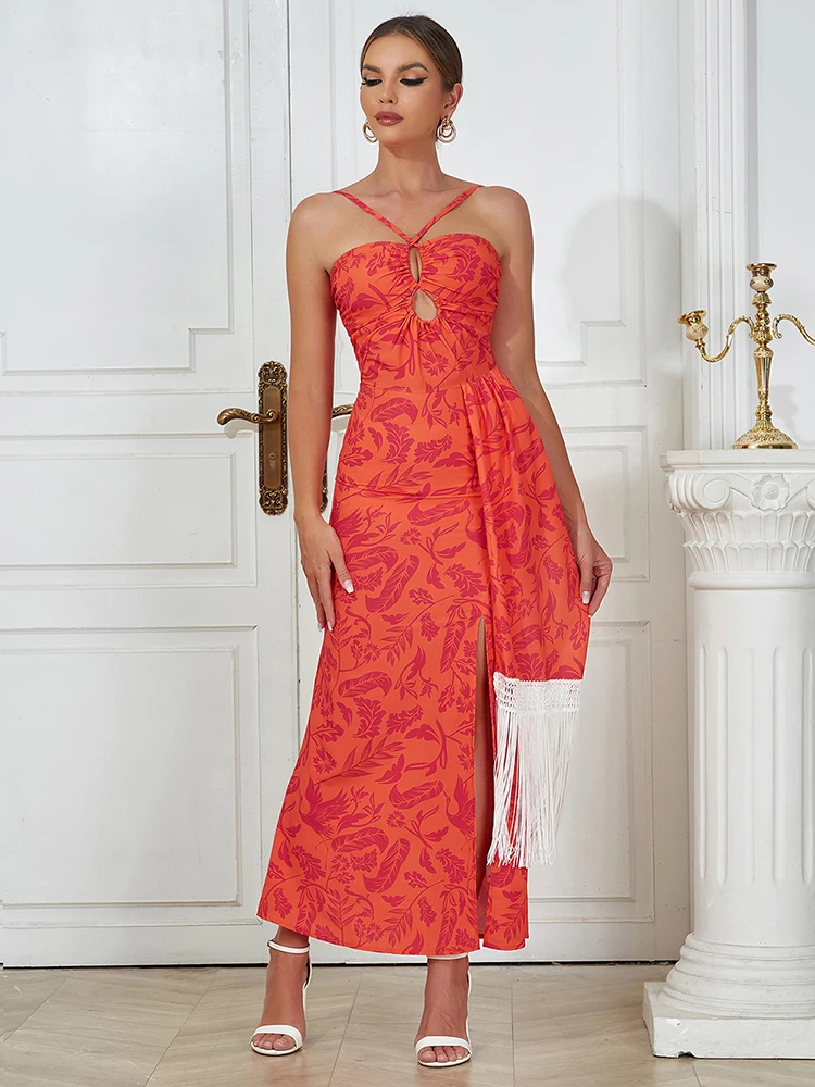 

Sexy Orange Floral Printed Slip Maxi Dresses for Women Summer Elegant Sleeveless White Tassel Birthday Celebrity Party Dress