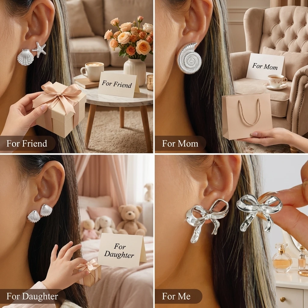 5-teiliges Goldfarbenes Ohrstecker-Geschenkset für Frauen Schleife Muschel Seestern Herz Knoten Strukturiert Alltäglicher Schmuck Freundschaftsgeschenk – Detail 4