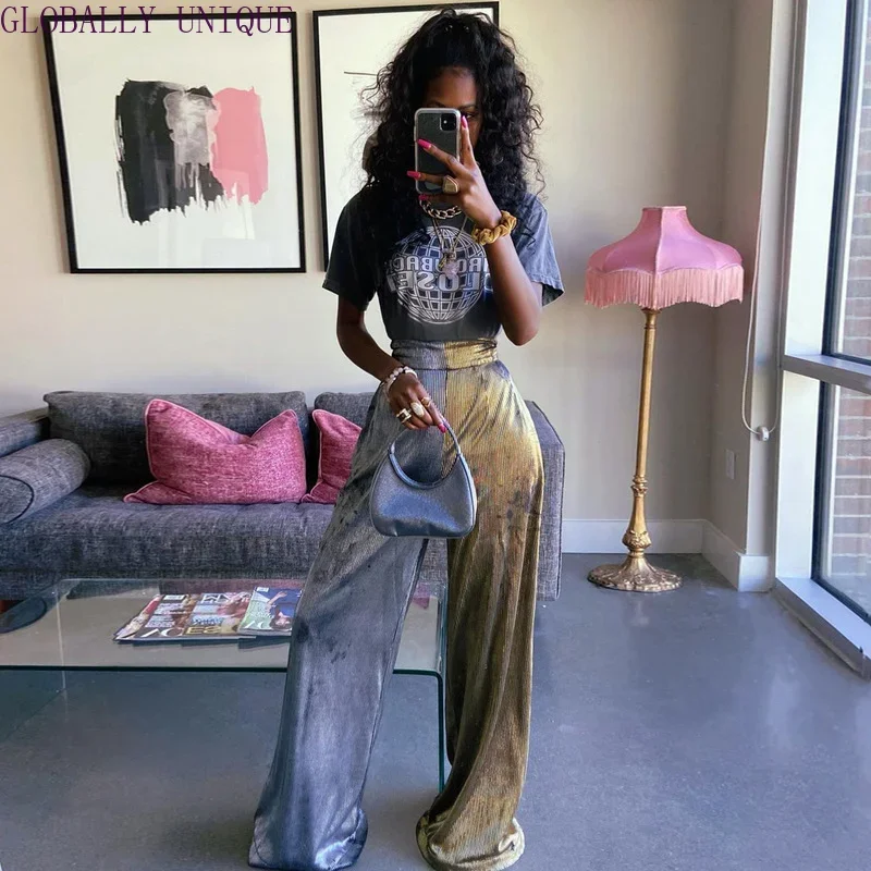 Autumn Women's Wide-leg Pants Gold and Silver Contrast Color Stitching Low Waist Stretch Network Loose Fashion Casual Streetwear