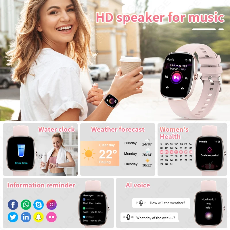 LIGE Fashion 1.83 inch HD Screen Smart Watch Women IP68 Waterproof Bluetooth Call Men Watches 24-hours Health Monitor Smartwatch