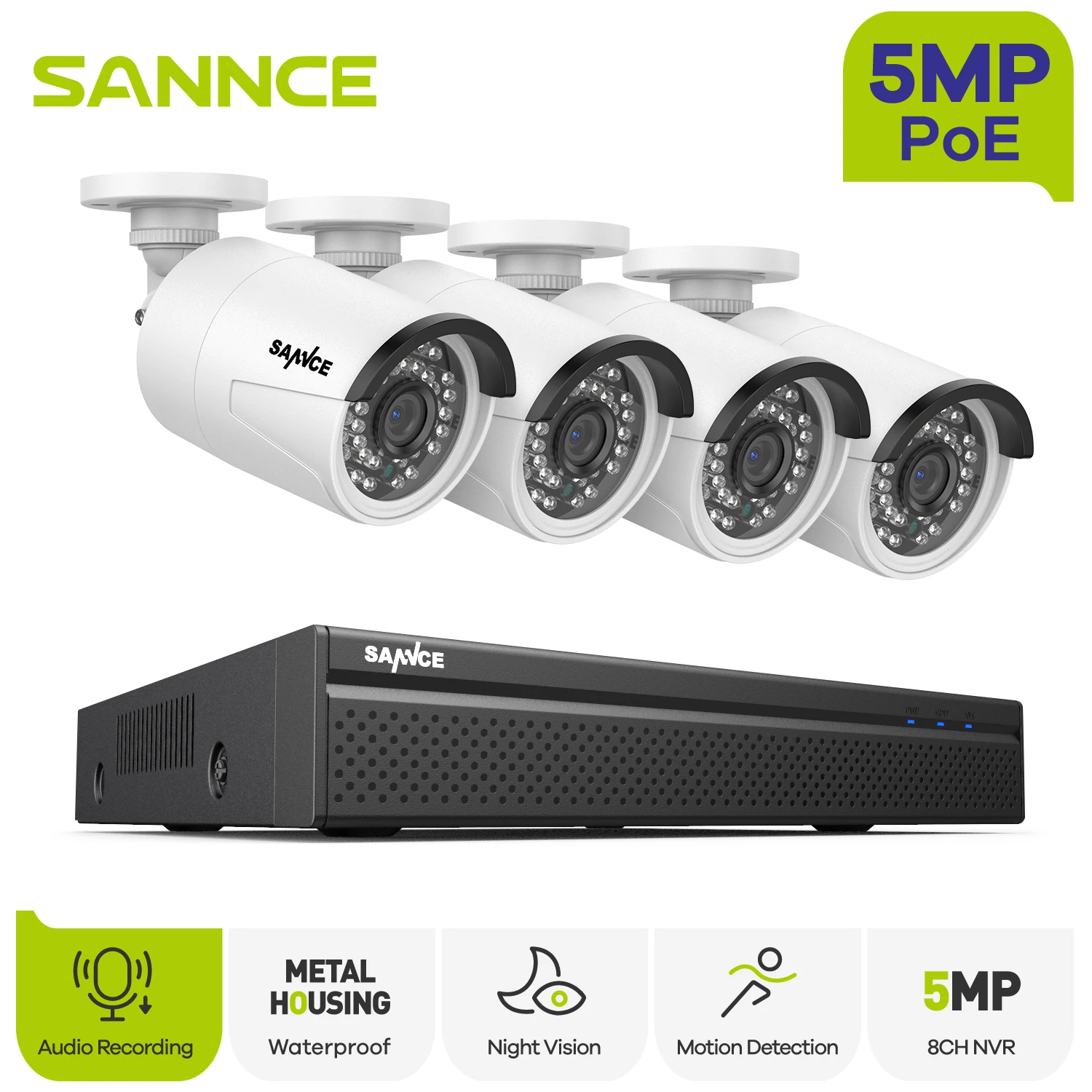 SANNCE 5MP POE Video Surveillance System 8CH 8MP NVR System CCTV Security Outdoor 5MP Bullet IP Cameras Surveillance Kit 4/6/8