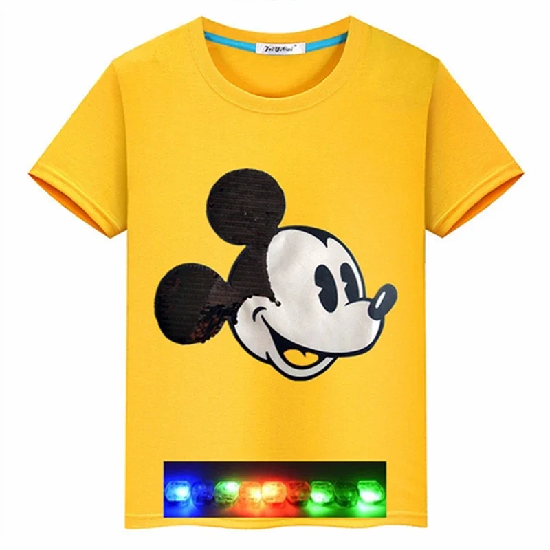 Summer Short Sleeve Clothes Girls Boys T Shirts Led Light Up Mickey Mouse Cartoon Tees Baby Tops Children Toddler Outfit 3-10Y