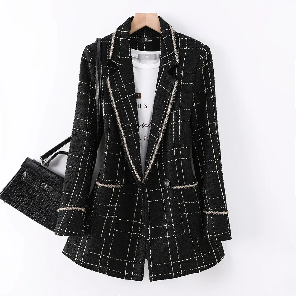 

New Arrival Casual Loose Jacket Women White Black Plaid Blazer Spring Autumn Fashion Female S-3XL Tops Coat With Real Pockets