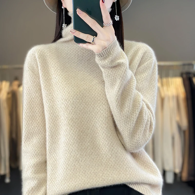 

2023 autumn and winter new 100% pure cashmere sweater women pile pile collar jacquard sweater loose wool knit base shirt