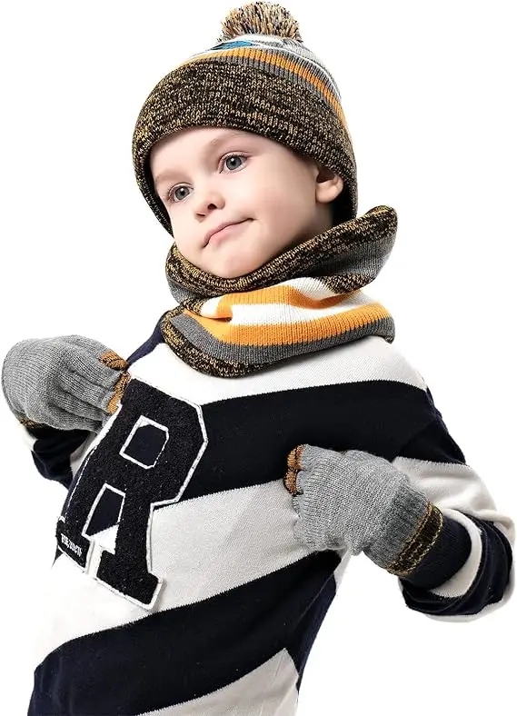 Maylisacc Winter Kids Bobble Hat Scarf Gloves Set with Double Layer Fleece Lining for Boys Girls Aged 3-8, Warm Knitted Pom Pom