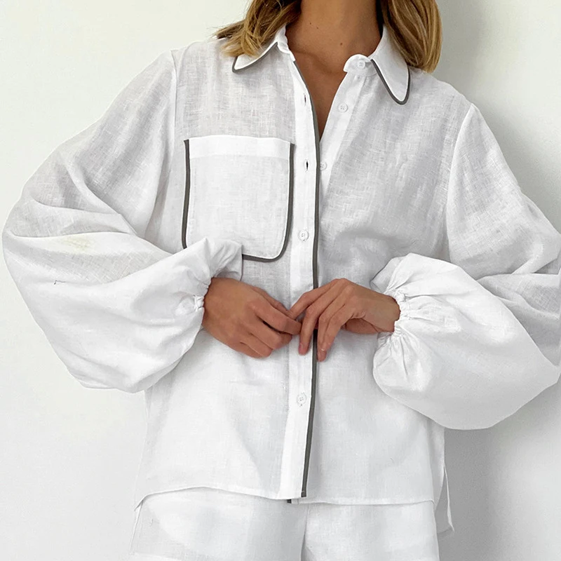 

2023 New Autumn Cotton Linen Shorts Suits Fashion Polo Collar Single Breasted Long Sleeve Shirt Set Women's Pocket Loose Outfits