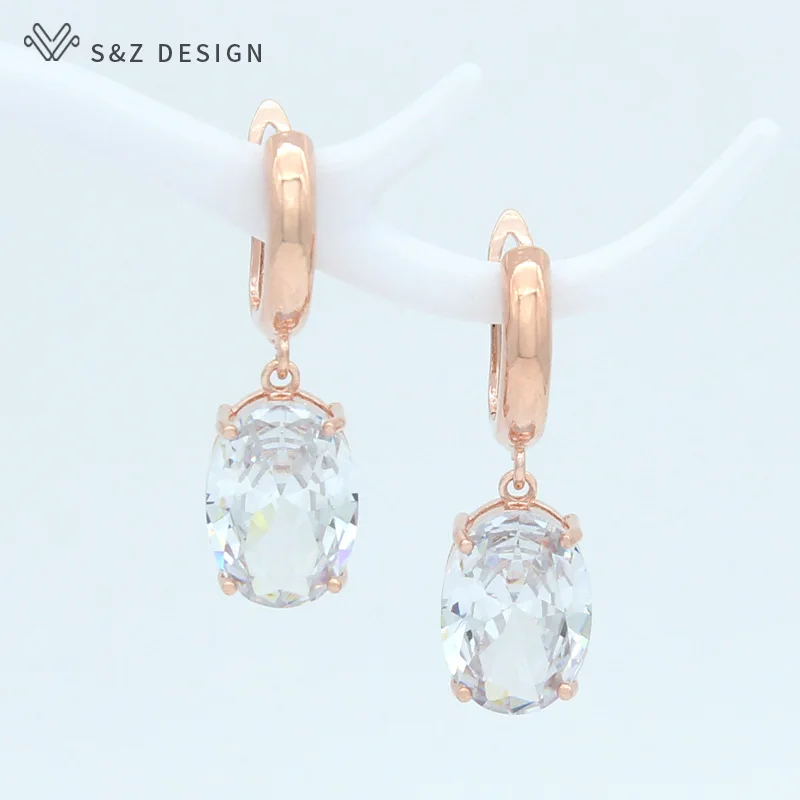 S&Z DESIGN New Oval 585 Rose Gold Color Cubic Zirconia Egg Shape Dangle Earrings For Women Girls Jewelry Wedding Party Gift