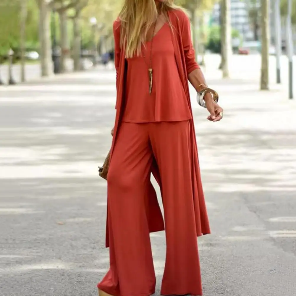

Vest Pants Coat Set Versatile Women's 3-piece Casual Set V-neck Sling Vest Wide Leg Pants Long Sleeve Cardigan Coat Loose Fit