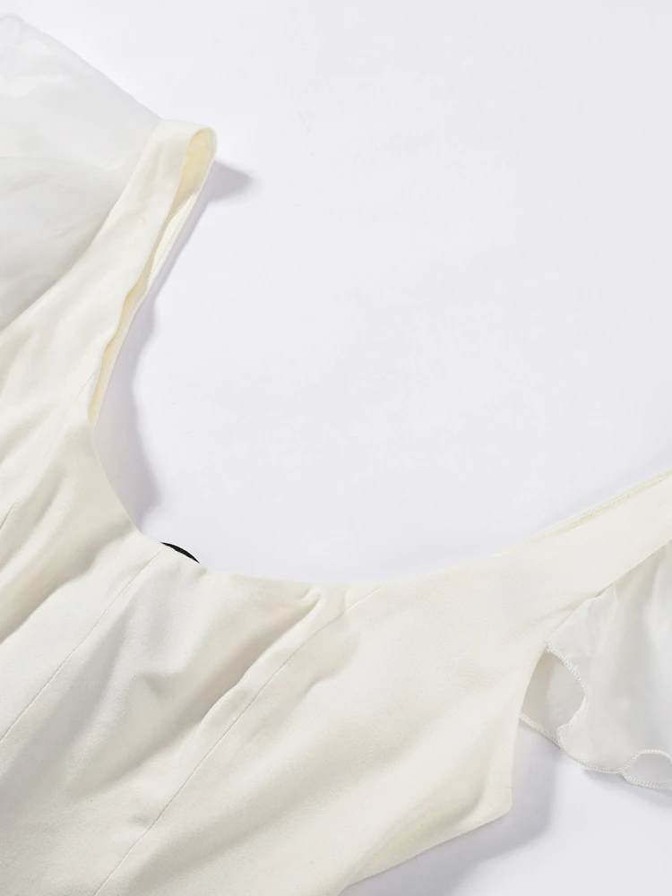 Mesh-Patchwork Flügelärmel Bandage-Top Damen Sexy U-Ausschnitt Taillenschnürung Rüschensaum Schlankes Oberteil Frühling Schicke Damen Clubwear Partykleidung – Detail 7