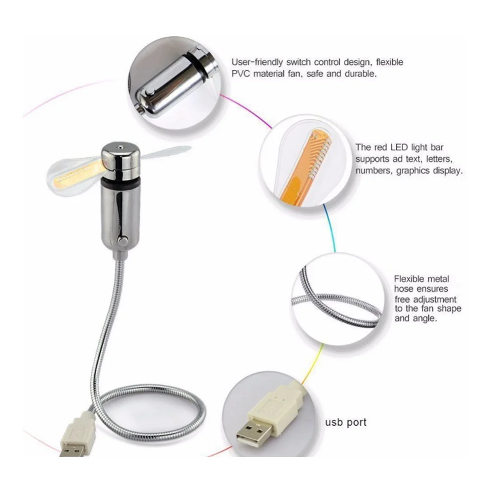 Portable Lightweight Durable Red Led Display Usb Powered Computer Peripherals Mini Flexible Neck Fan Safe Pvc Material Cooling