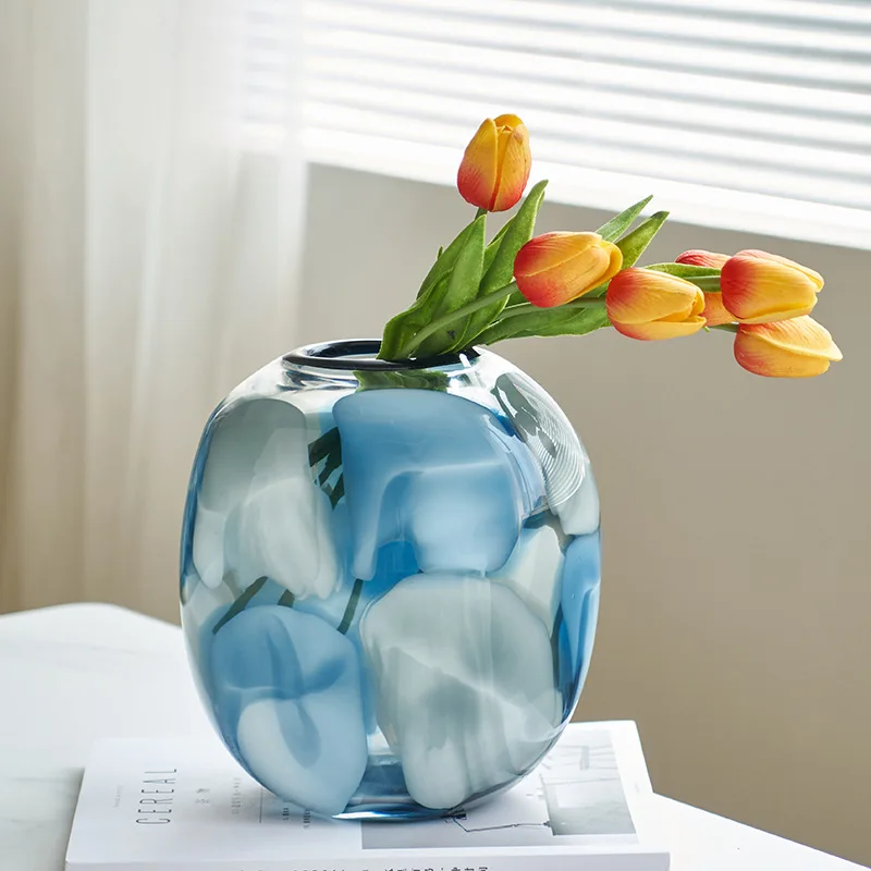 Blue Glass Vase Graded Marble Grain Flower Vase Flower Pot Floral Arrangement Terrarium Home Decoration Accessories 3